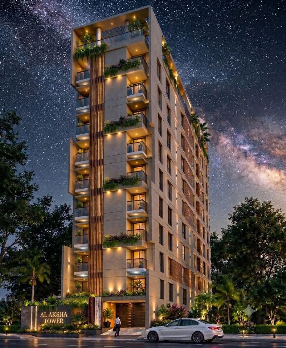 Al Aksha Tower, a slender residential tower with a timber spine and planted balconies at night