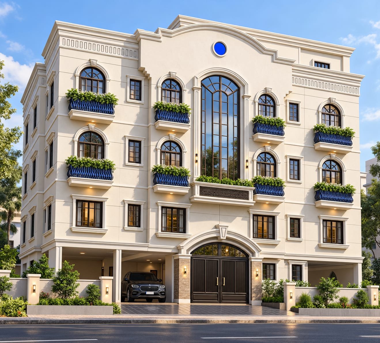 Classical-style apartment building with arched windows, blue patterned balcony railings and an arched timber entrance gate, Jhenaidah